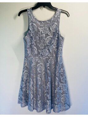 Floral Lace Gray-Blue Sleeveless Fit And Flare Dress With Back Zipper Closure L